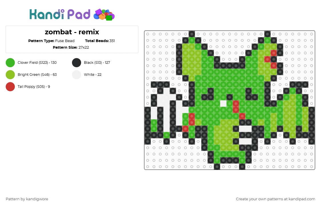 zombat - remix - Fuse Bead Pattern by kandigwore on Kandi Pad - bat,zombie,monster,animal,halloween,spooky,holiday,green