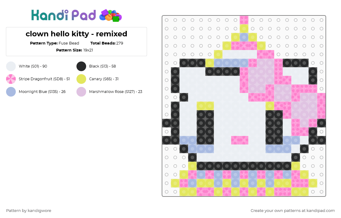 clown hello kitty - remixed - Fuse Bead Pattern by kandigwore on Kandi Pad - pink