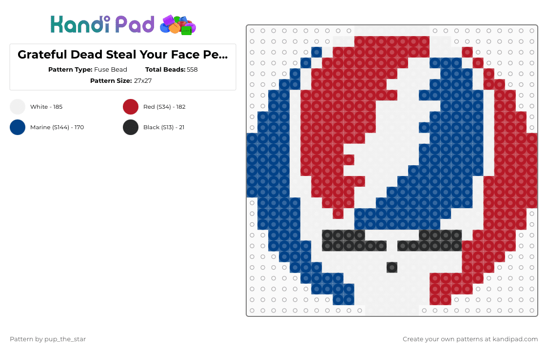 Grateful Dead Steal Your Face Perler - Fuse Bead Pattern by pup_the_star on Kandi Pad - blue,red,music,band,gift,perler,all,bored,cute,grateful dead
