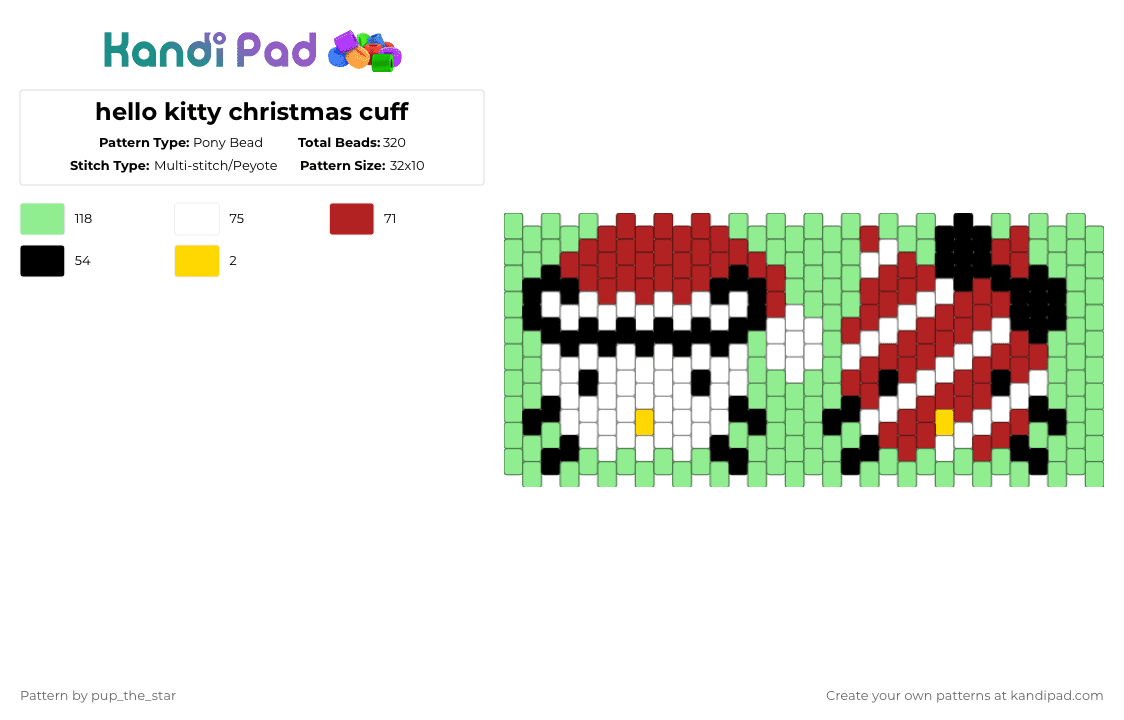 hello kitty christmas cuff - Pony Bead Pattern by pup_the_star on Kandi Pad - anime, candy cane, character, christmas, cuff, cute, hello kitty, red, sanrio, teal
