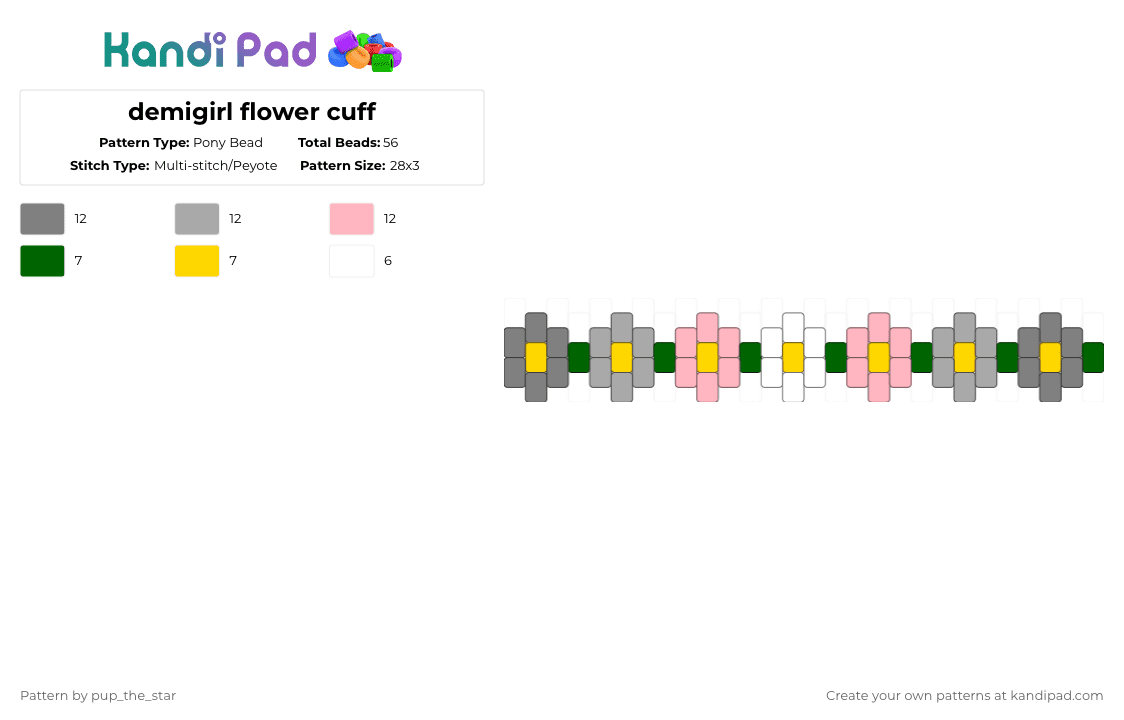 demigirl flower cuff - Pony Bead Pattern by pup_the_star on Kandi Pad - gray,beige,pink,flower,cute,demigirl,pride,gender,florecent