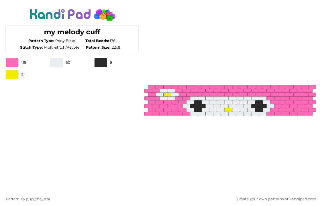 my melody cuff - Pony Bead Pattern by pup_the_star on Kandi Pad - pink,my melody,sanrio,cuff,kawaii,cute,aesthetic
