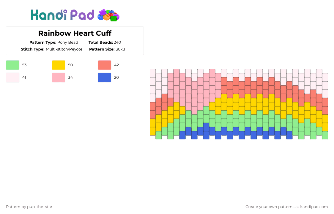 Rainbow Heart Cuff - Pony Bead Pattern by pup_the_star on Kandi Pad - all, bored, clouds, cuff, cute, heart, orange, rainbow, sky, teal, yellow
