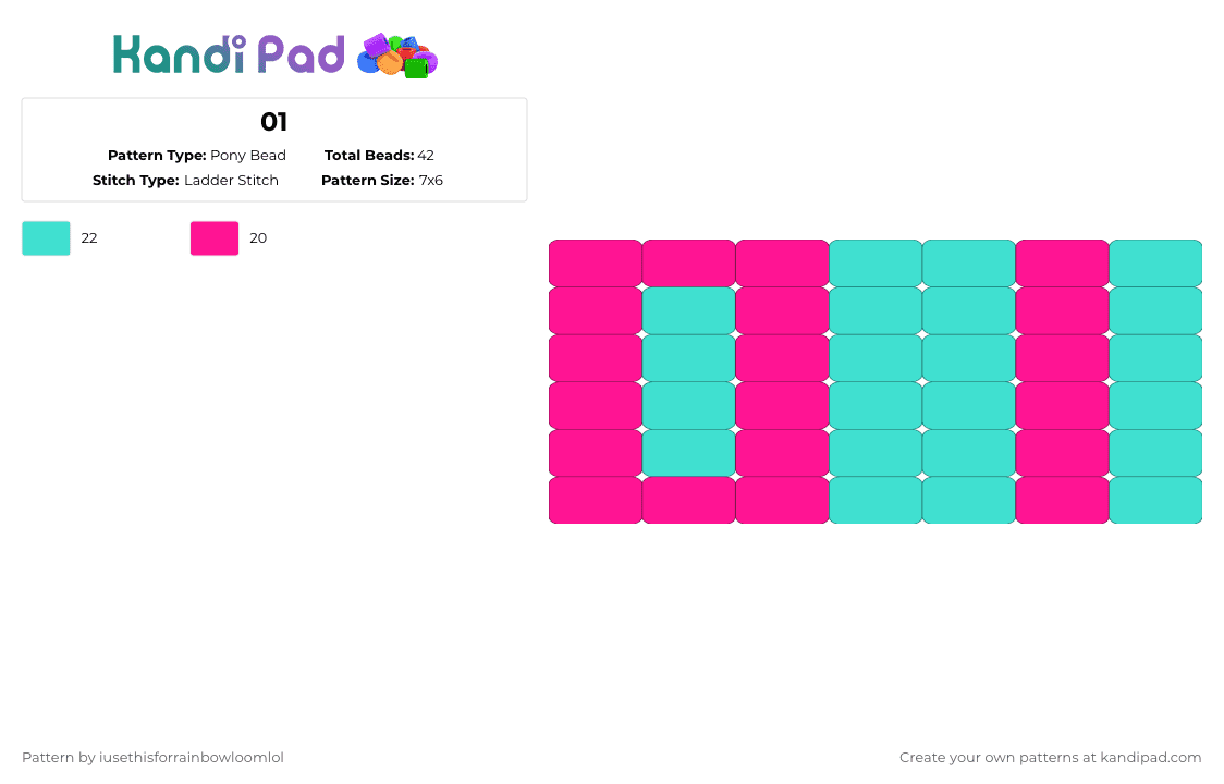 01 - Pony Bead Pattern by iusethisforrainbowloomlol on Kandi Pad - pink,light blue,miku,01,vocaloid