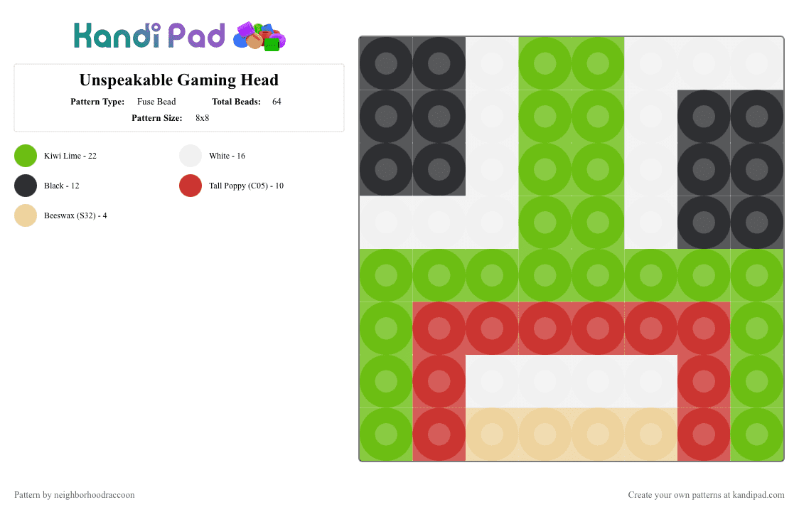 Unspeakable Gaming Head - Fuse Bead Pattern by neighborhoodraccoon on Kandi Pad - green,unspeakable,minecraft,minecraftskin,face,gaming,fanart,madeforaneightyearold,youtuber