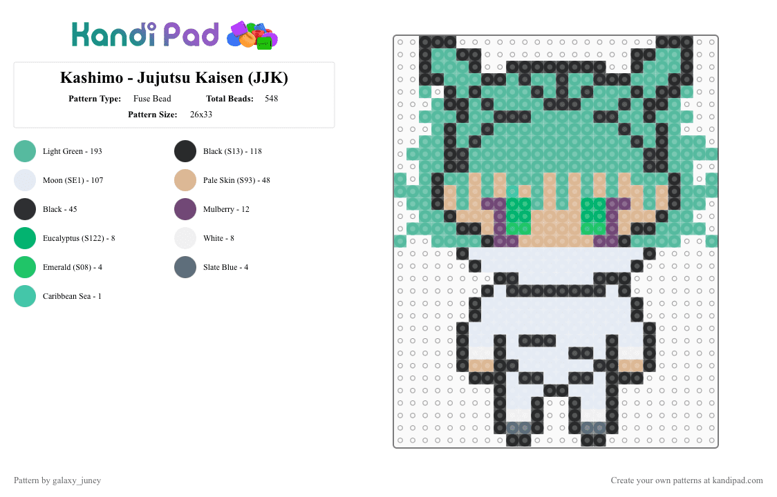 Kashimo - Jujutsu Kaisen (JJK) - Fuse Bead Pattern by galaxy_juney on Kandi Pad - jjk, kashimo, teal