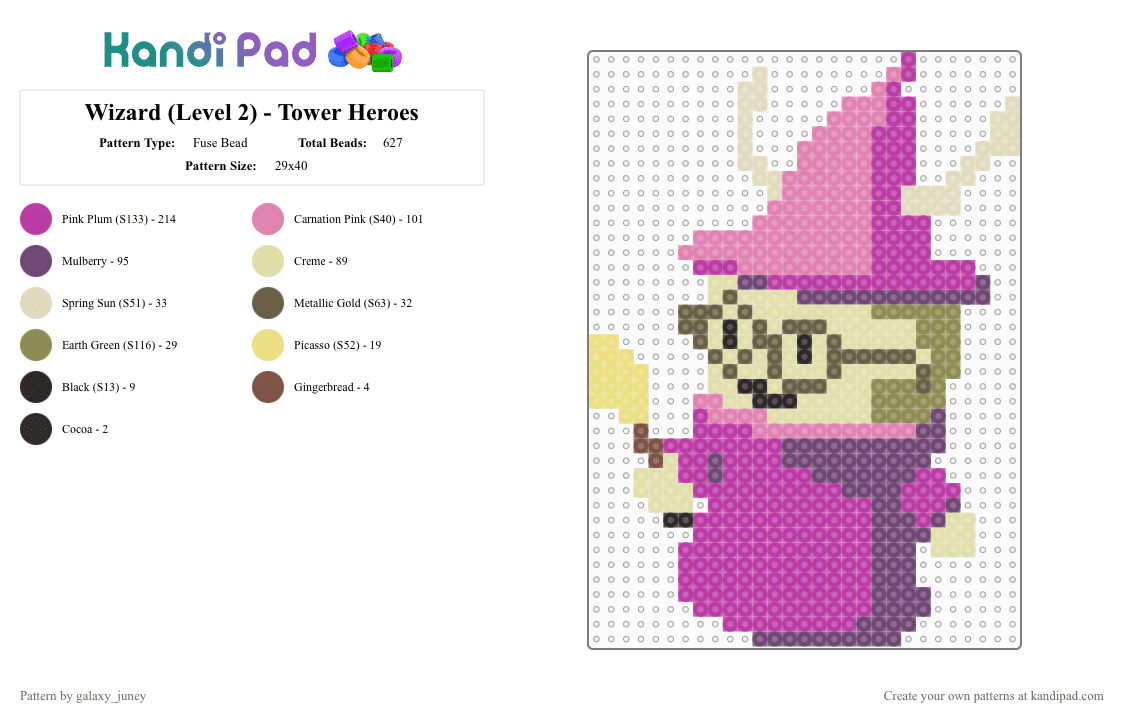 Wizard (Level 2) - Tower Heroes - Fuse Bead Pattern by galaxy_juney on Kandi Pad - pink,yellow,towerheroes,roblox,wizard