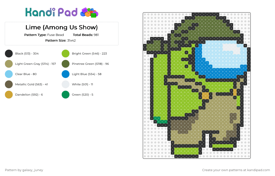 Lime (Among Us Show) - Fuse Bead Pattern by galaxy_juney on Kandi Pad - green,gold,amongusshow,amongus,lime