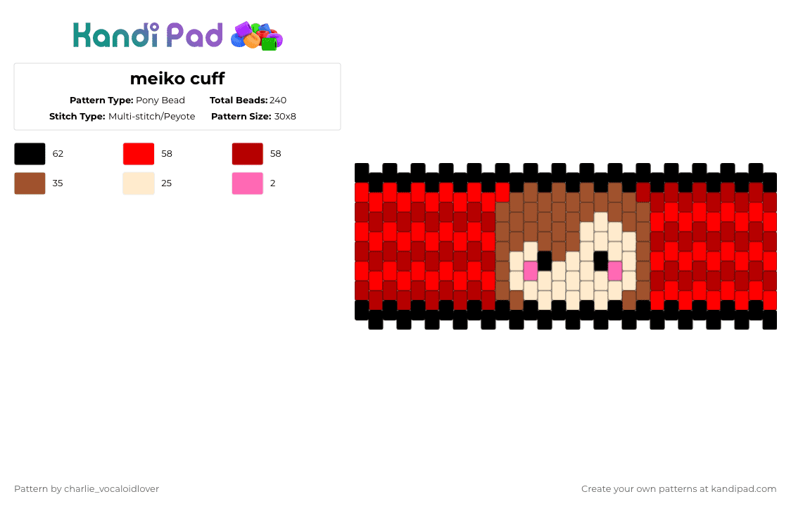 meiko cuff - Pony Bead Pattern by charlie_vocaloidlover on Kandi Pad - meiko, red, vocaloid
