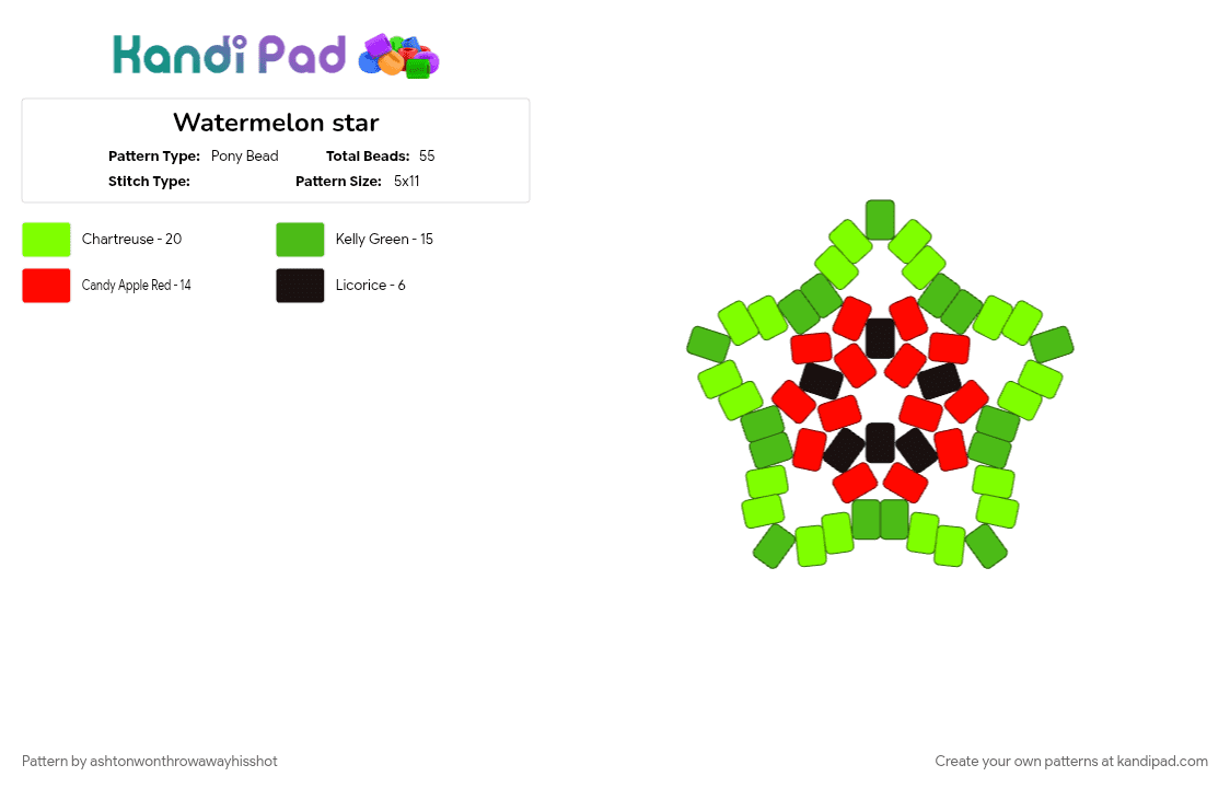 Watermelon star - Pony Bead Pattern by ashtonwonthrowawayhisshot on Kandi Pad - green, red