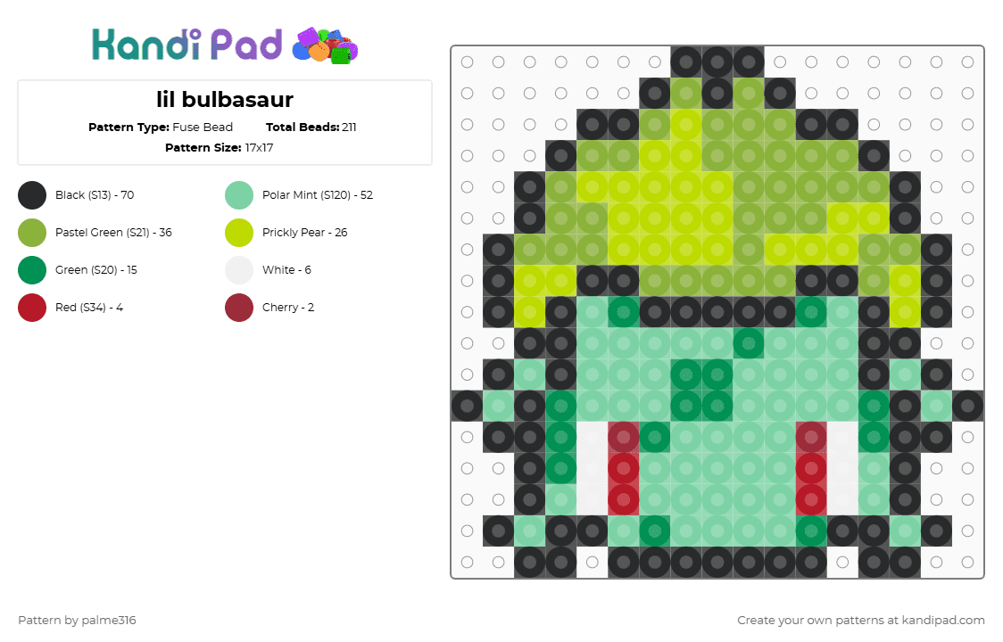 Lil bulbasaur Fuse Bead Pattern - Kandi Pad | Kandi Patterns, Fuse Bead ...