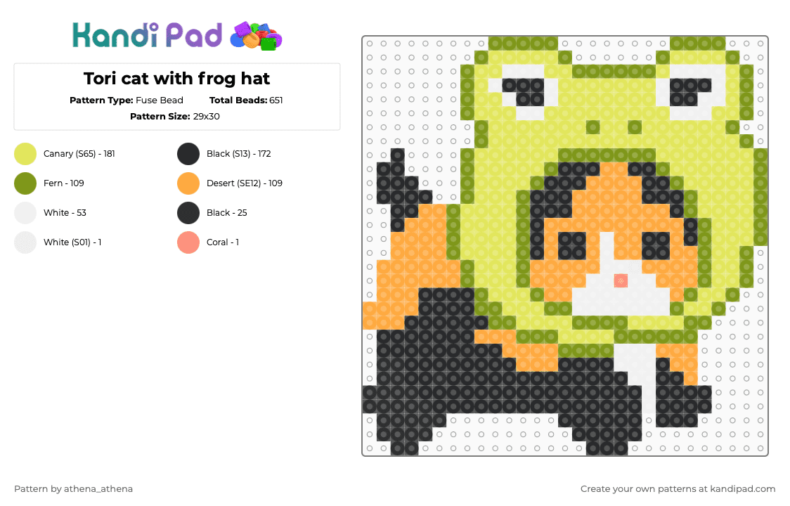 Tori cat with frog hat - Fuse Bead Pattern by athena_athena on Kandi Pad - yellow,cat,frog,torti,hat,cute,funny,kitten,animal