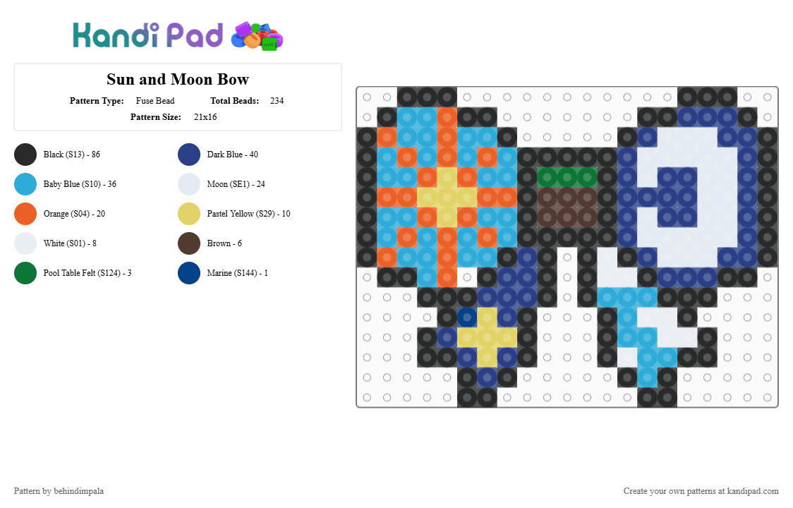 Sun and Moon Bow - Fuse Bead Pattern by behindimpala on Kandi Pad - light blue,blue,orange,sun,moon,sun and moon,celestial,bow,bowtie,princess,pretty