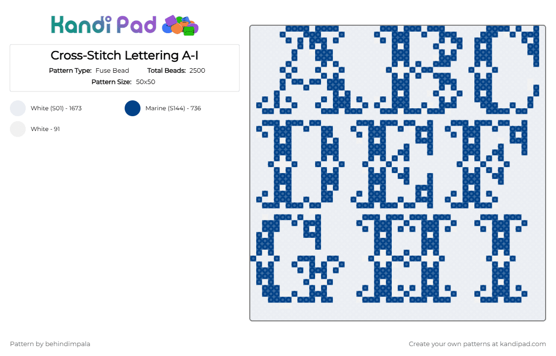 Cross-Stitch Lettering A-I - Fuse Bead Pattern by behindimpala on Kandi Pad - white,blue,crossstitch,lettering,ai,alphabet