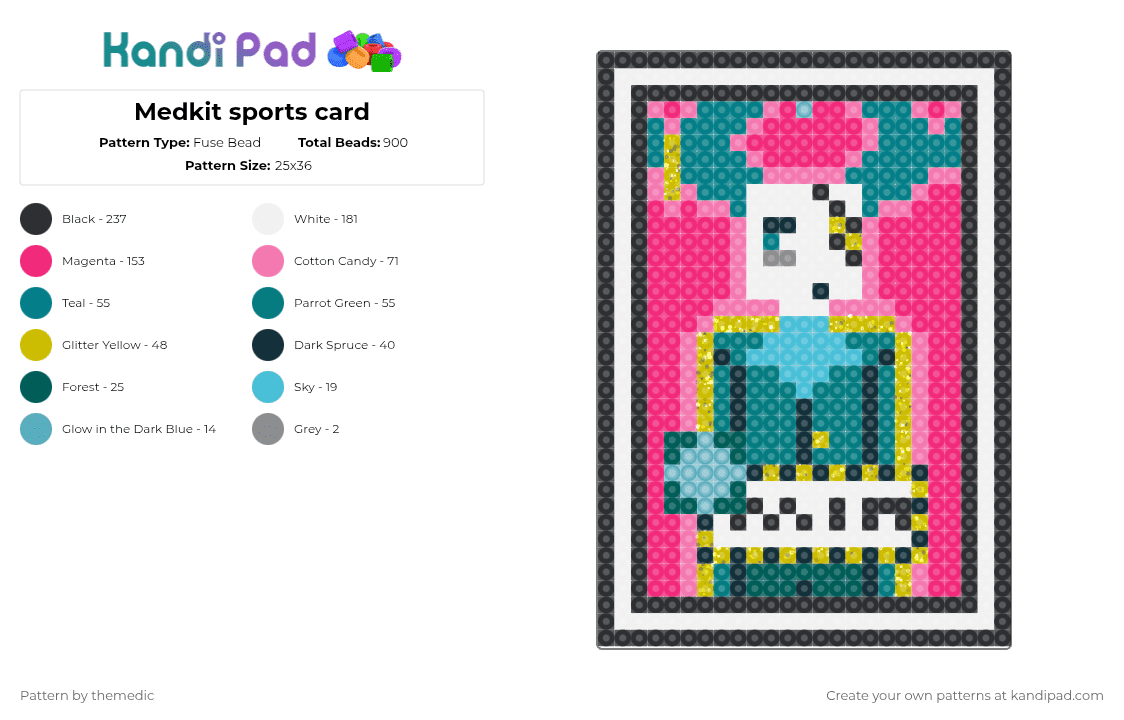 Medkit sports card - Fuse Bead Pattern by themedic on Kandi Pad - teal,pink,cotdtradingcards,phighting,medkit phighting,character,medkit,lost temple