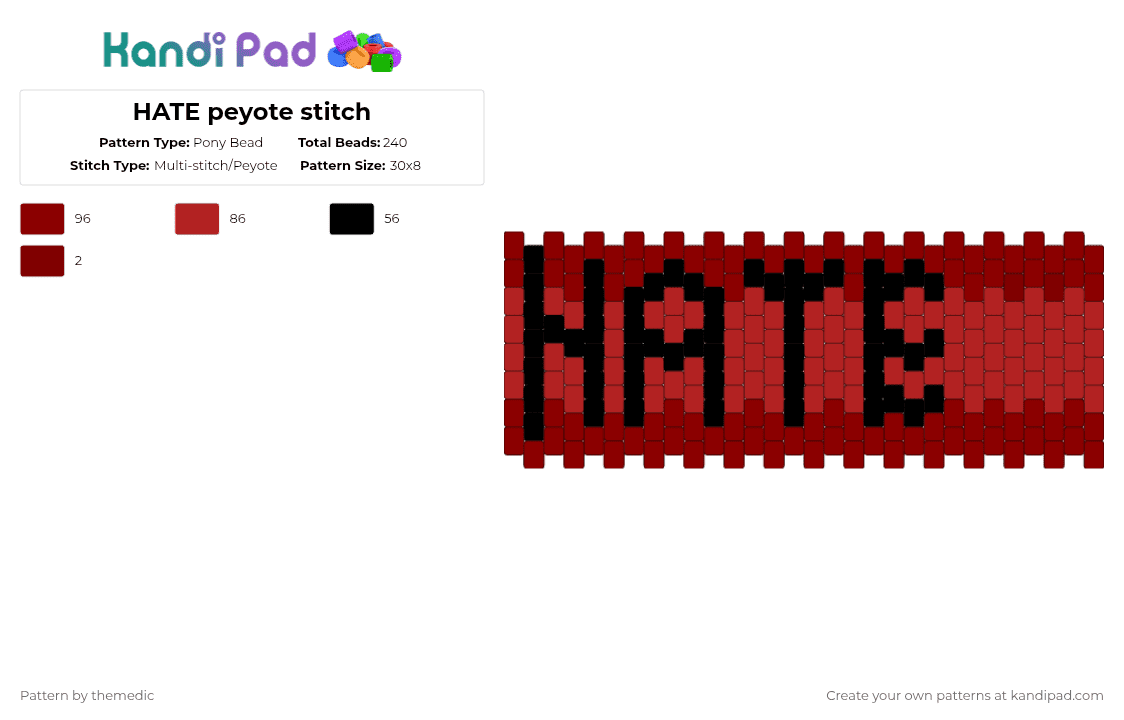 HATE peyote stitch - Pony Bead Pattern by themedic on Kandi Pad - red,hate,ihnmaims,black,red and black,feelings,anger