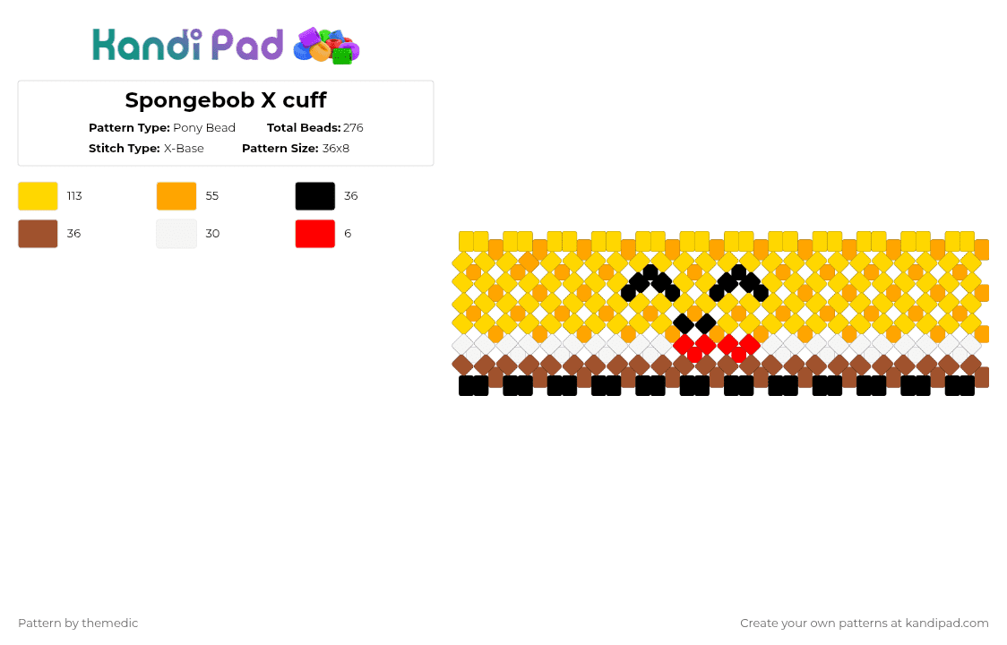 Spongebob X cuff (with face) - Pony Bead Pattern by themedic on Kandi Pad - nickelodeon,tv show,face,cartoon,character,yellow,spongebob,sponge,silly,cartoon character