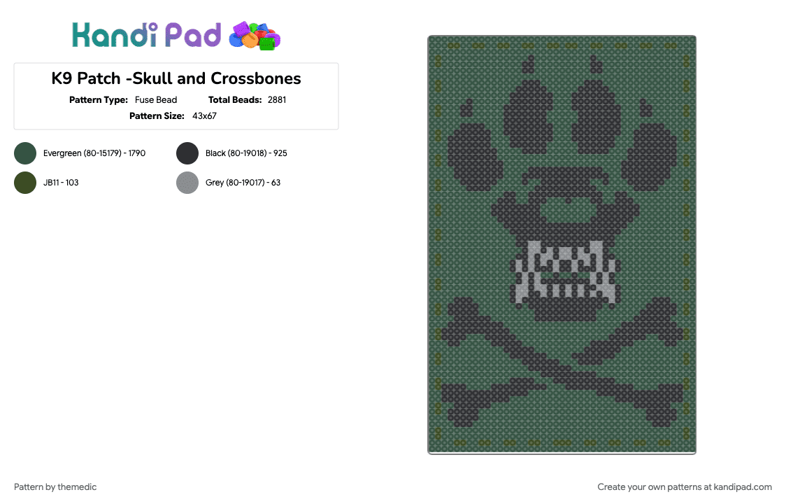 K9 Patch -Skull and Crossbones - Fuse Bead Pattern by themedic on Kandi Pad - animal, black, bones, dog, gray, k9, military, militaryinspired, patch, teeth