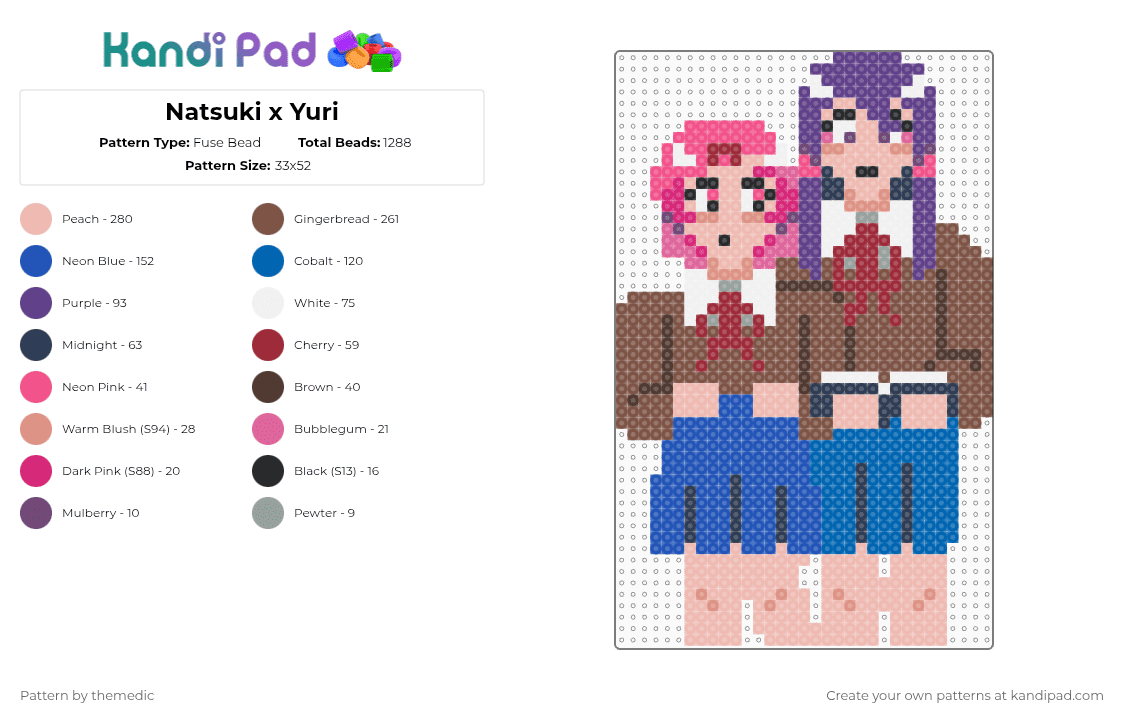 Natsuki x Yuri - Fuse Bead Pattern by themedic on Kandi Pad - beige,purple,tan,blue,ddlc,yuri,natsuki,yuri ddlc,natsuki ddlc,lesbian