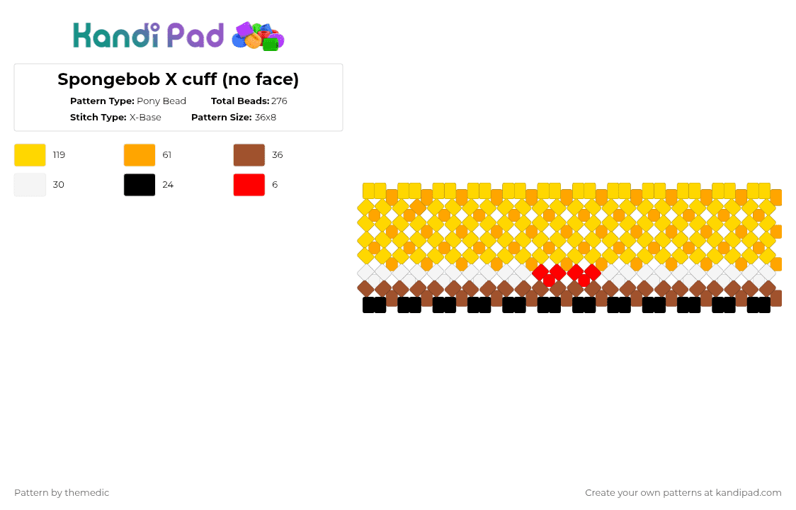 Spongebob X cuff (no face) - Pony Bead Pattern by themedic on Kandi Pad - yellow,spongebob,cartoon,character,cartoon character,silly,orange,tv show