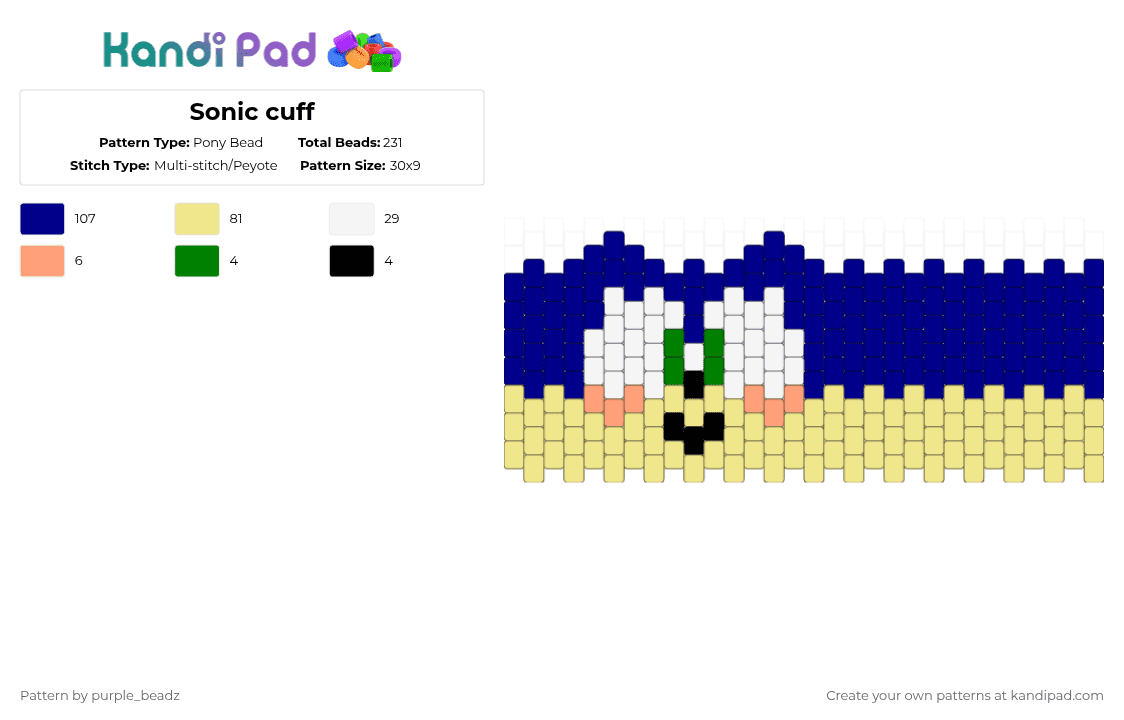 Sonic cuff - Pony Bead Pattern by purple_beadz on Kandi Pad - purple,yellow,sonic,sonic the hedgehog,blue,vertical peyote