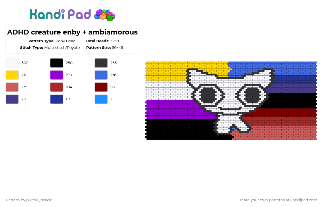 ADHD creature enby + ambiamorous - Pony Bead Pattern by purple_beadz on Kandi Pad - red,blue,yellow,purple,pride,ambiamorous,enby,nb,nonbinary