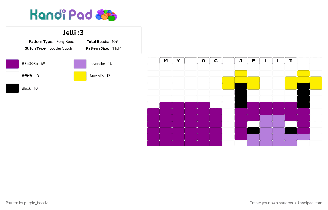 Jelli :3 - Pony Bead Pattern by purple_beadz on Kandi Pad - character, jelli, oc, pink, purple, tadc, tadc oc, tamagotchi, the amazing digital circus