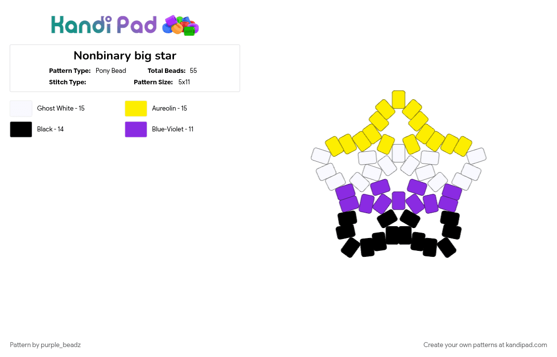 Nonbinary big star - Pony Bead Pattern by purple_beadz on Kandi Pad - nb, nonbinary, pride, purple, star, yellow