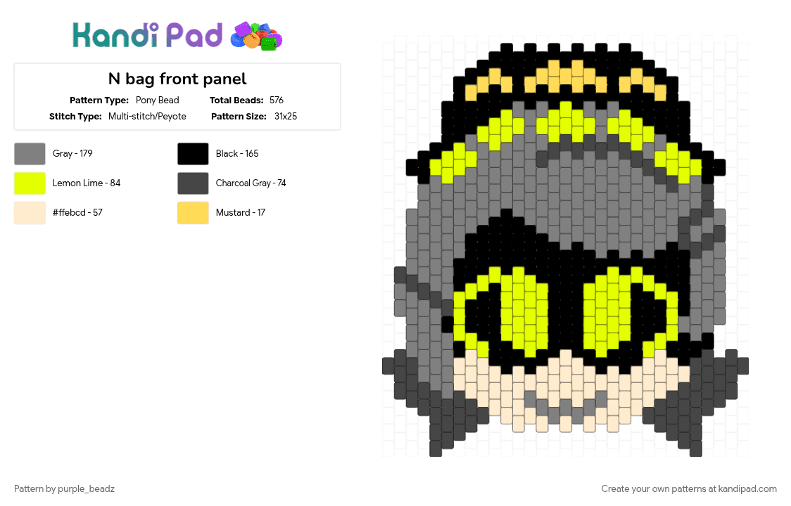 N bag front panel - Pony Bead Pattern by purple_beadz on Kandi Pad - dd, disassembly drone, glitch, glitch prod, gray, md, murder drones, murder drones n, n, yellow
