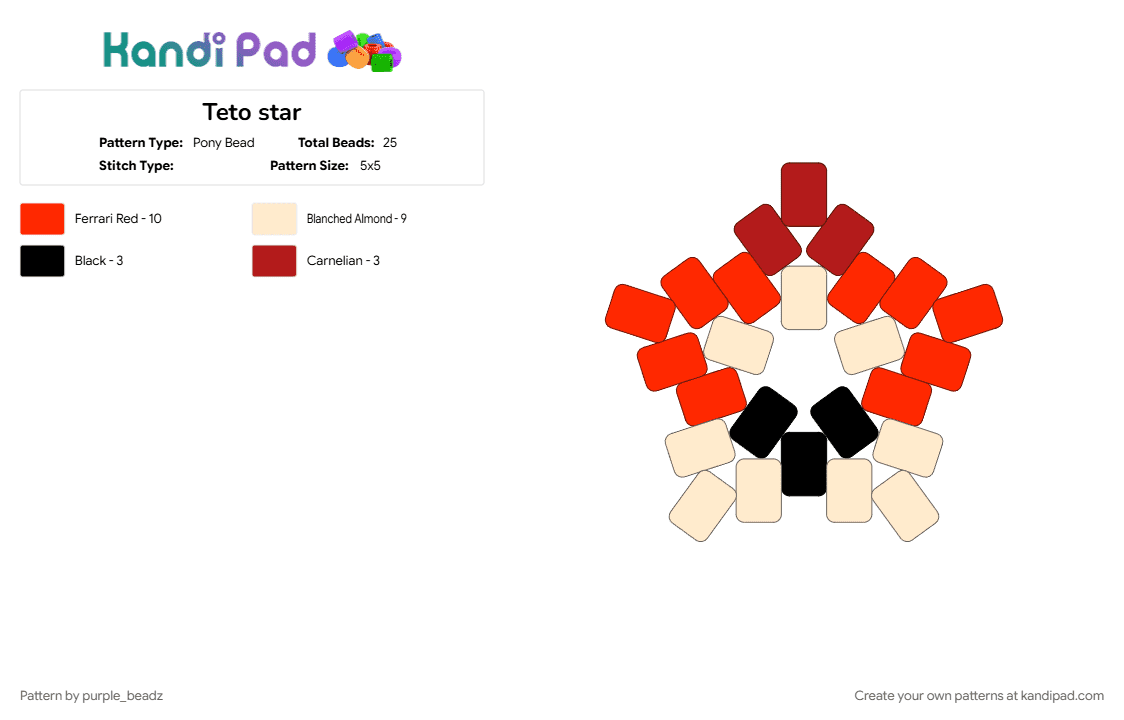 Teto star - Pony Bead Pattern by purple_beadz on Kandi Pad - beige, definitely not a drill, kasane teto, red, teto, teto kasane, utau, utauloid, vocaloid