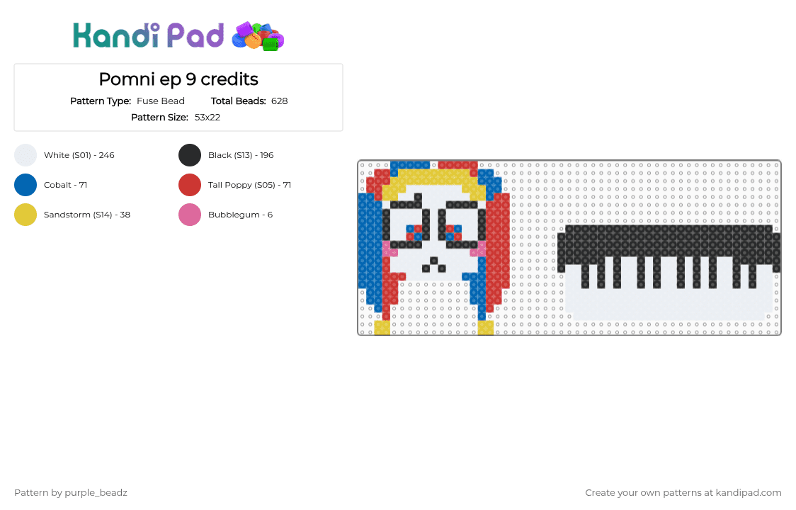 Pomni ep 9 credits - Fuse Bead Pattern by purple_beadz on Kandi Pad - white,blue,red,pomni,tadc,the amazing digital circus,jester,cotdconcerts,yellow