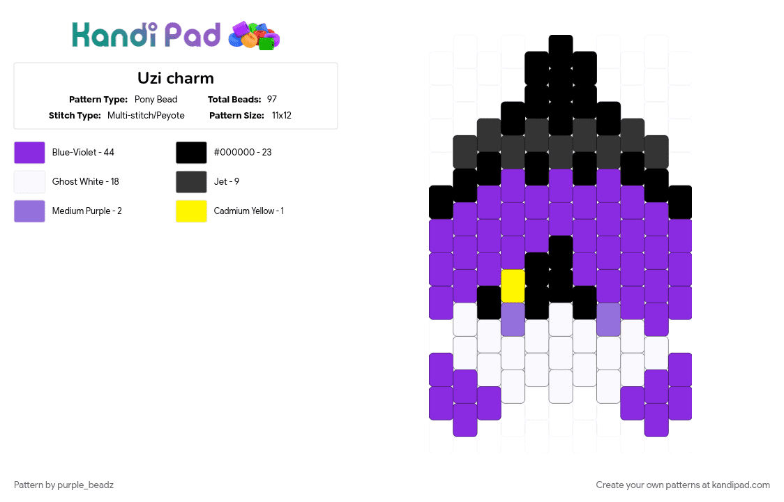 Uzi charm - Pony Bead Pattern by purple_beadz on Kandi Pad - cotdemohairstyles, drone, glitch prod, glitch productions, md, murder drones, murder drones uzi, purple