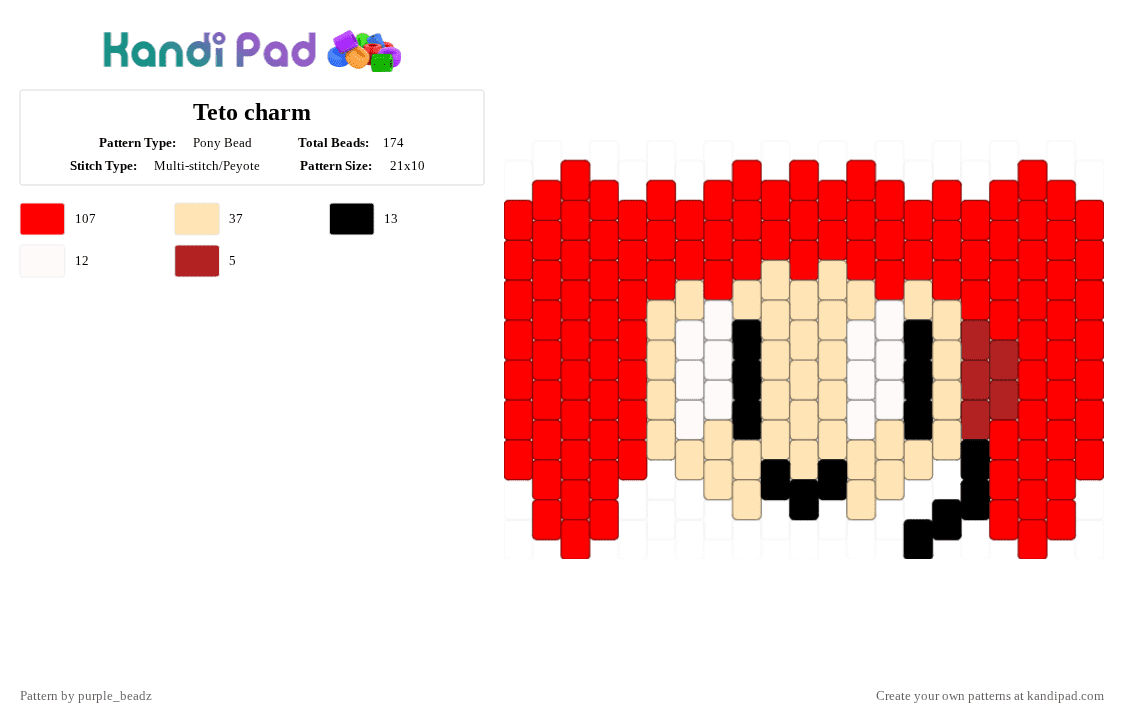 Teto charm - Pony Bead Pattern by purple_beadz on Kandi Pad - birdbrain, drill hair, pigtails, red, teto, utau