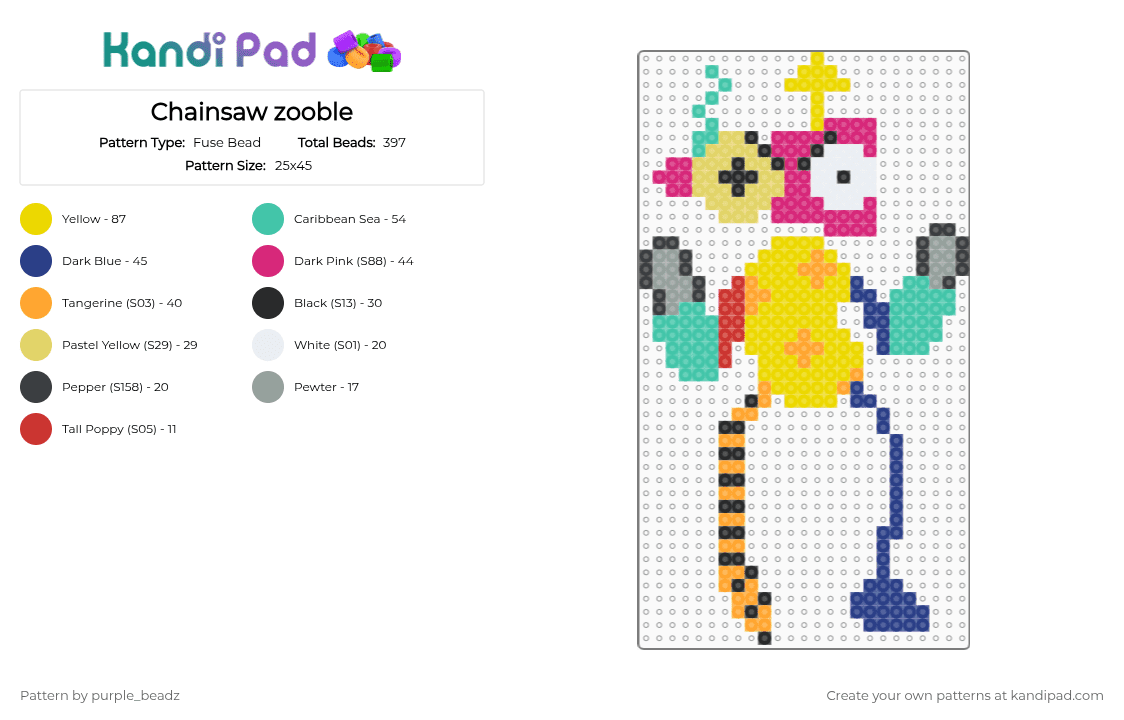 Chainsaw zooble - Fuse Bead Pattern by purple_beadz on Kandi Pad - pink,yellow,teal,blue,tadc,the amazing digital curcus,zooble,chainsaw