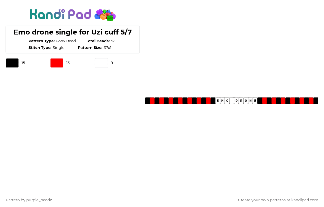 Emo drone single for Uzi cuff 5/7 - Pony Bead Pattern by purple_beadz on Kandi Pad - red,white,murder drones,uzi,emo drone,meme,single