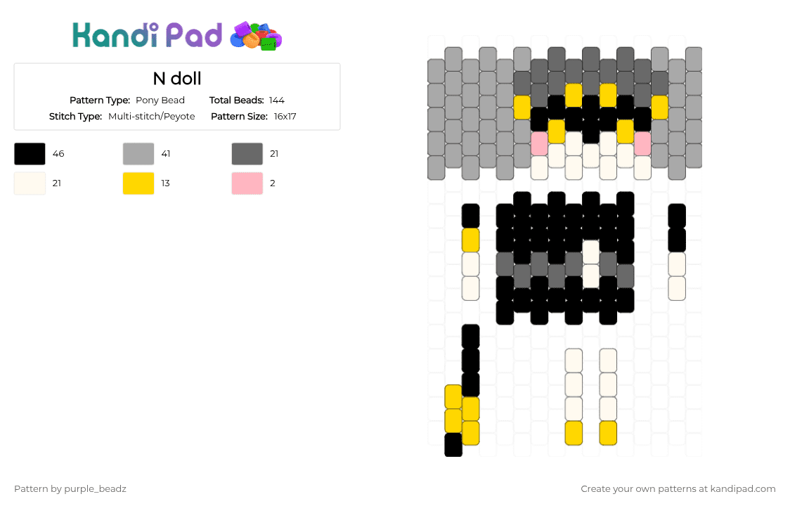 N doll - Pony Bead Pattern by purple_beadz on Kandi Pad - beige, disassembly drone, doll, gray, md, murder drones, n, sdn, serial designation n, silly guy