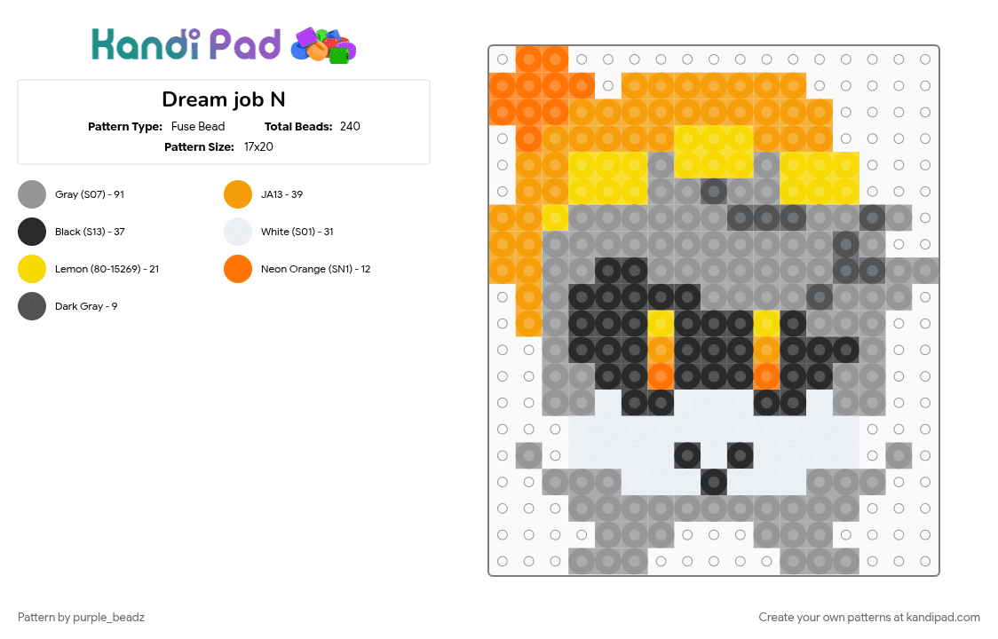 Dream job N - Fuse Bead Pattern by purple_beadz on Kandi Pad - character, disassembly drone, drone, glitch productions, gray, md, murder drones, murder drones n, n