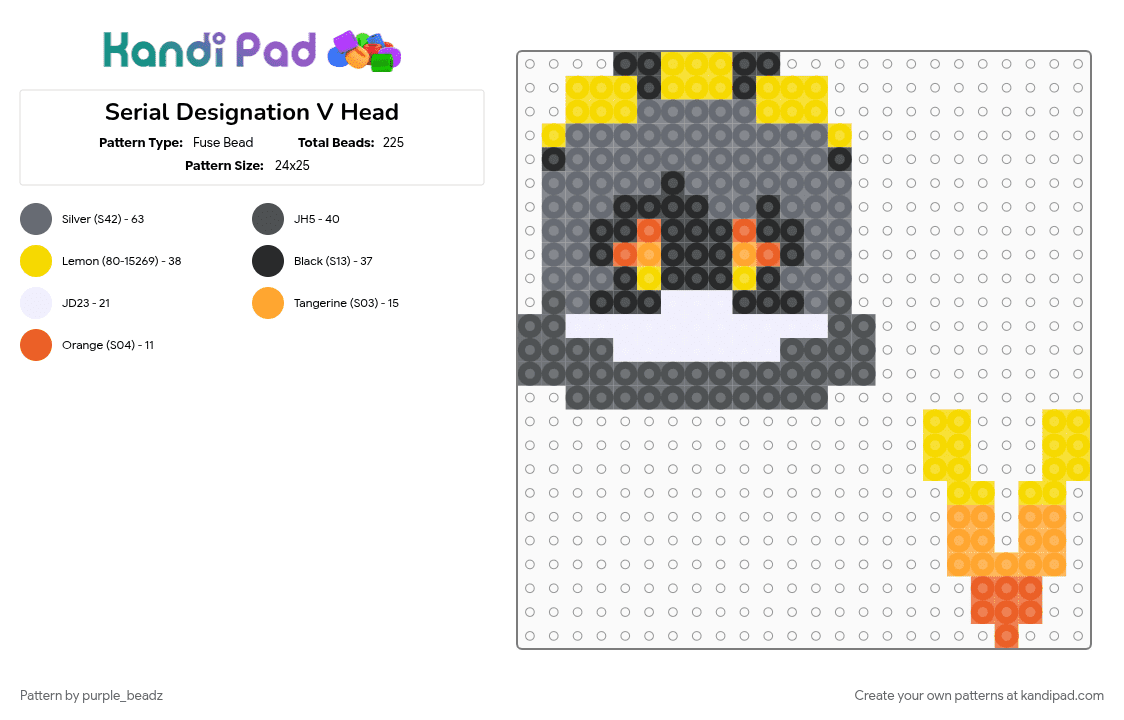 Serial Designation V Head - Fuse Bead Pattern by purple_beadz on Kandi Pad - gray, md, murder drones, murder drones sdv, murder drones v, robot, sdv, v, yellow