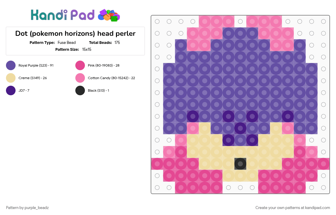 Dot (pokemon horizons) head perler - Fuse Bead Pattern by purple_beadz on Kandi Pad - character, cotddots, dot, nonbinary, pink, pokemon, pokemon horizons, purple