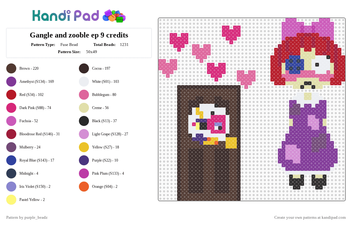 Gangle and zooble ep 9 credits - Fuse Bead Pattern by purple_beadz on Kandi Pad - brown, gangle, hearts, pink, ragatha, tadc, the amazing digital circus, trauma, zooble