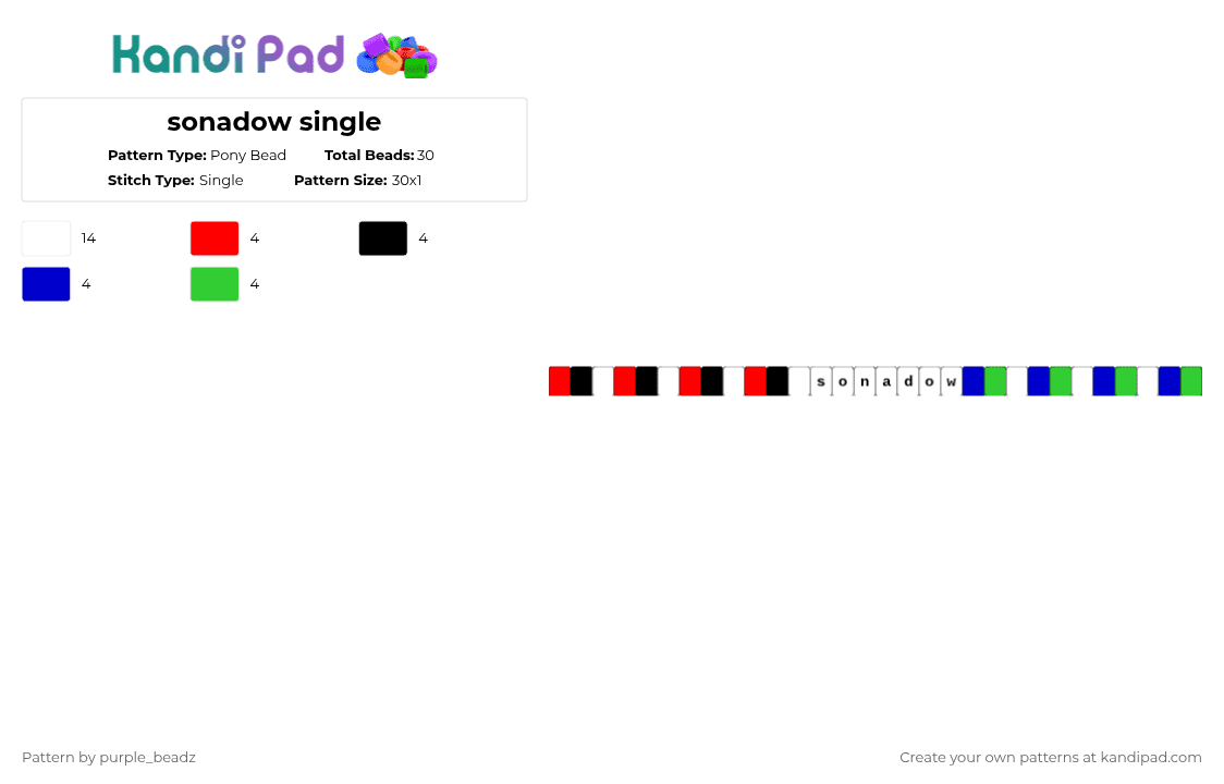 sonadow single - Pony Bead Pattern by purple_beadz on Kandi Pad - green, purple, red, shadow, sonadow, sonic, sonic x shadow, white