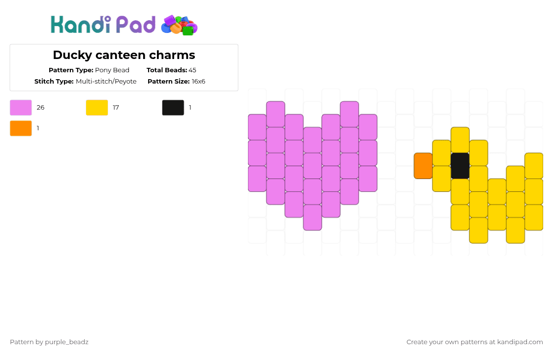 Ducky canteen charms - Pony Bead Pattern by purple_beadz on Kandi Pad - pink,yellow,heart,rubber duck
