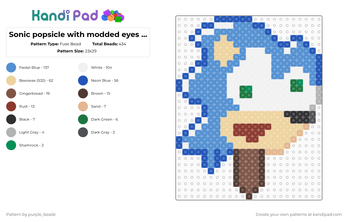 Sonic popsicle with modded eyes (NOT MINE!!!!!!!!) - Fuse Bead Pattern by purple_beadz on Kandi Pad - light blue,blue,beige,sonic,sonic the hedgehog,remixed,popsicle
