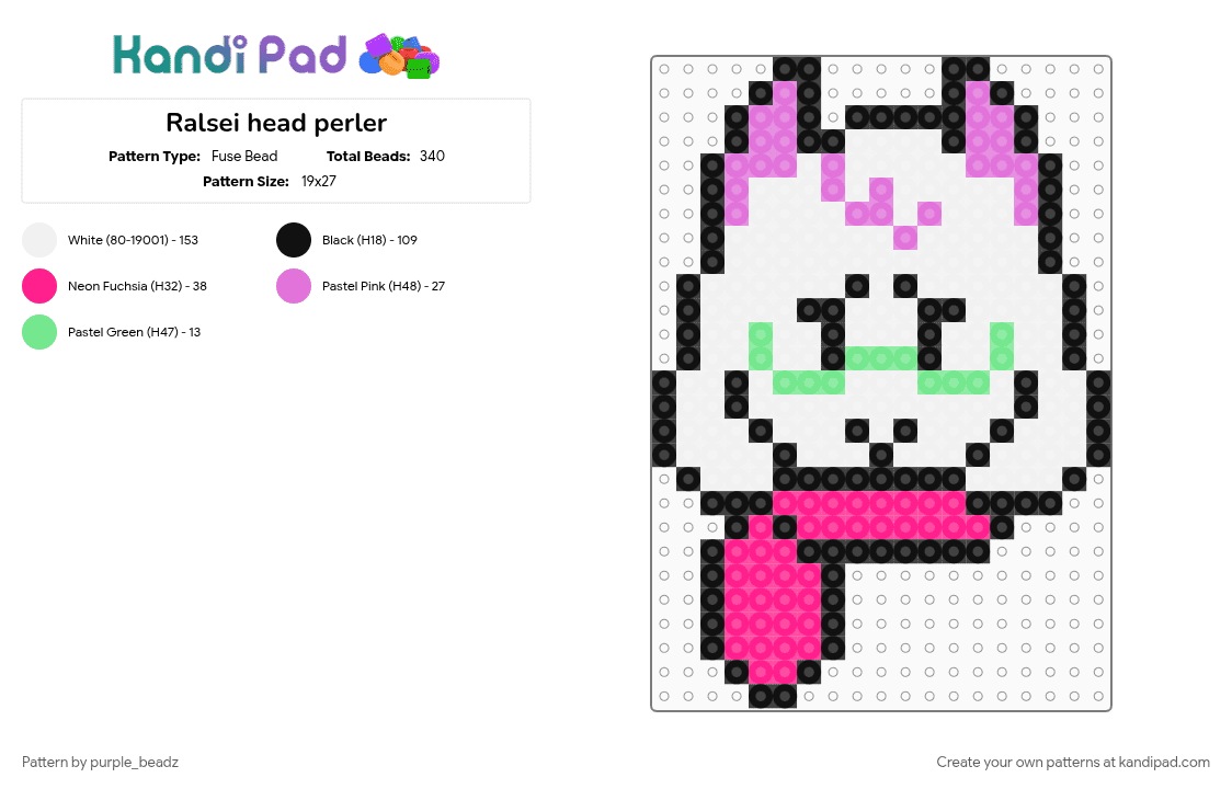 Ralsei head perler - Fuse Bead Pattern by purple_beadz on Kandi Pad - character, deltarune, head, perler, pink, ralsei, ralsei deltarune, toby fox, white