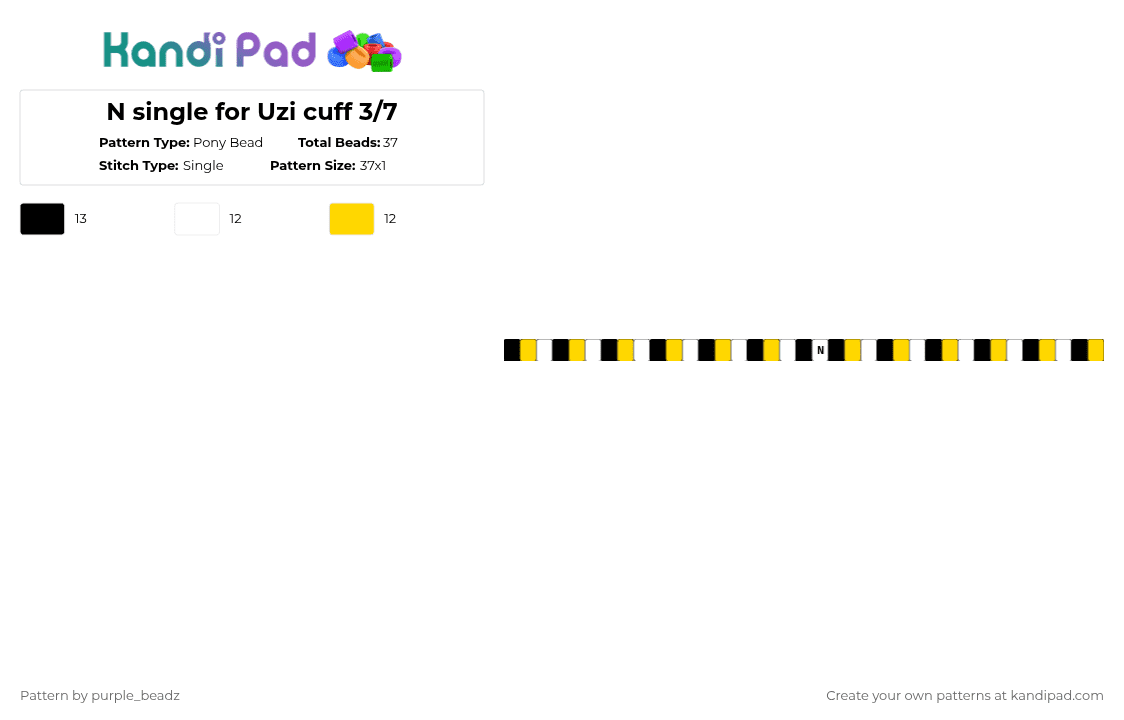 N single for Uzi cuff 3/7 - Pony Bead Pattern by purple_beadz on Kandi Pad - white,yellow,sdn,serial designation n,n x uzi,nuzi,biscuitbites,rotator cuff,single