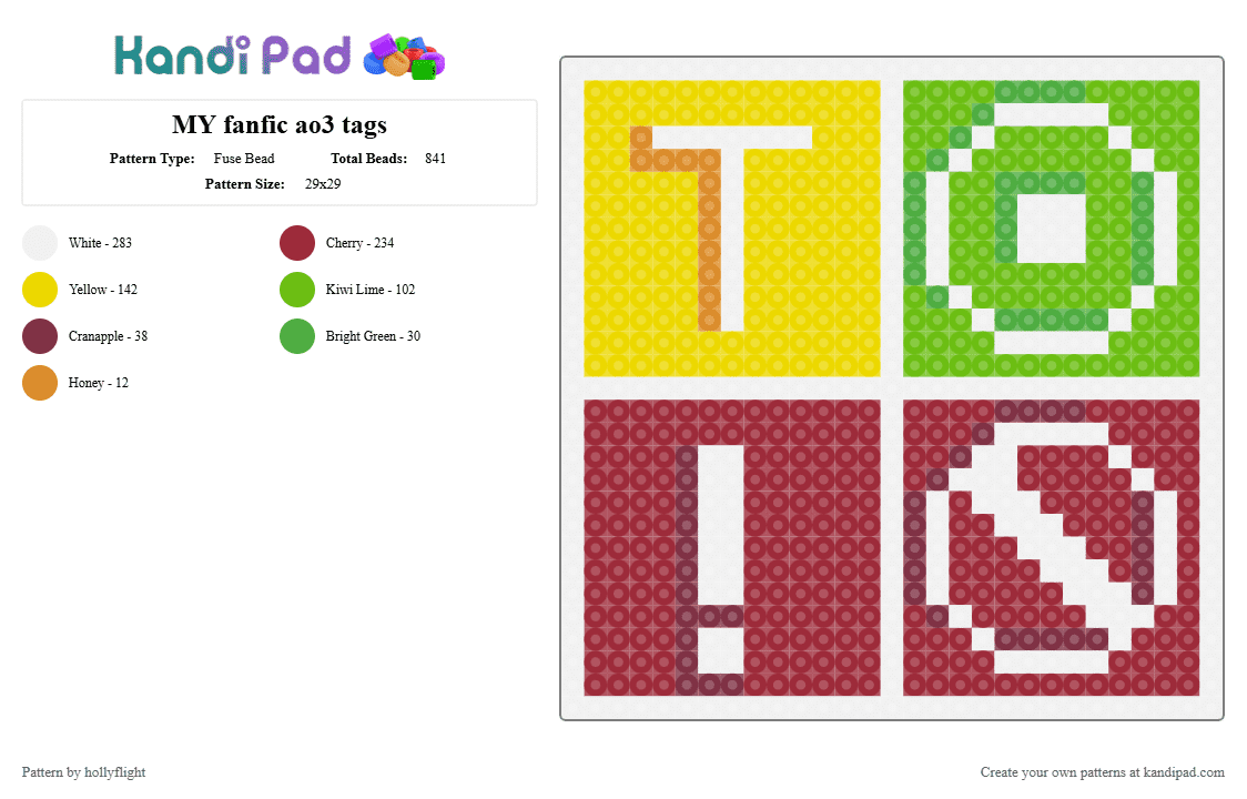 MY fanfic ao3 tags - Fuse Bead Pattern by hollyflight on Kandi Pad - green, red, yellow
