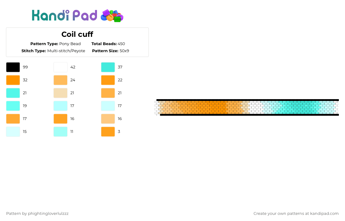 Coil cuff - Pony Bead Pattern by phightingloverlulzzz on Kandi Pad - orange,light blue,phighting