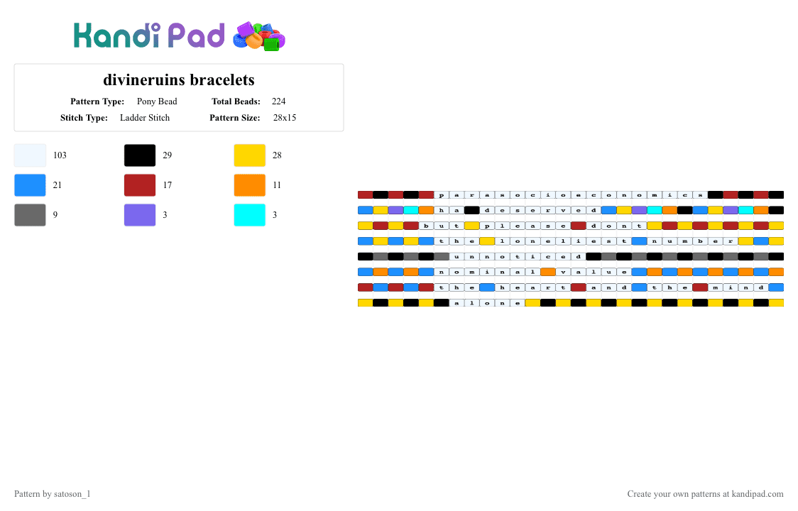 divineruins bracelets - Pony Bead Pattern by satoson_1 on Kandi Pad - bfdi, bfdia, divineruins, light blue, red, tpot, utauloid, vocaloid, white, yellow