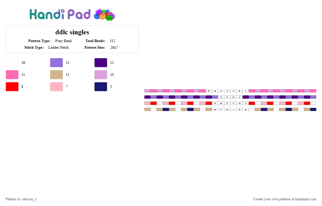 ddlc singles - Pony Bead Pattern by satoson_1 on Kandi Pad - pink,purple,ddlc,yuri,natsuki,sayori,monika,single,white,blue