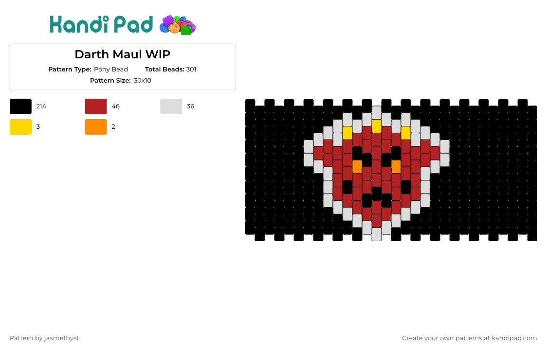 Darth Maul WIP - Pony Bead Pattern by jasmethyst on Kandi Pad - darth maul,star wars,jedi,cuff,emblematic,bold,intense,character,themed,black,red